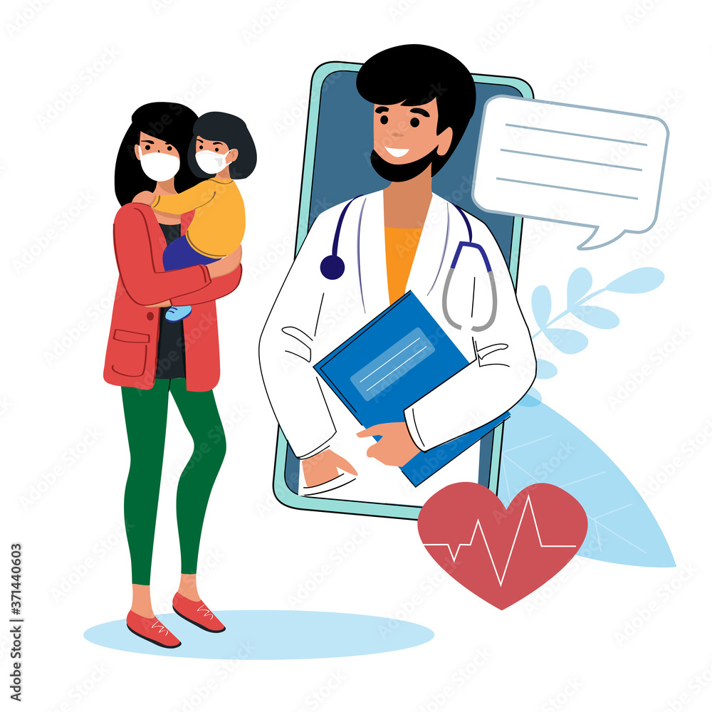 Girl with a child in a protective mask with a child and a doctor from a smartphone. Online consultation. Vector flat style illustration Girl with a child in a protective mask with a child and a doctor from a smartphone. Online consultation. Vector flat style illustration