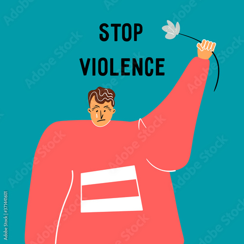 Protests in Belarus. A crying man with a flower in his hands and the flag of Belarus on a sweatshirt. Vector flat illustration with a call to stop violence against civilians.