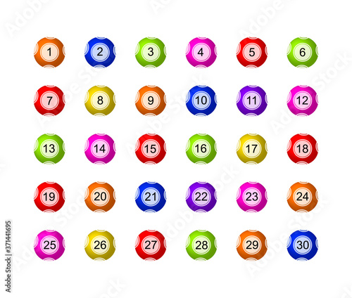 Vector set of colorful lottery balls isolated on white background, different numbers and colors, icons collection.