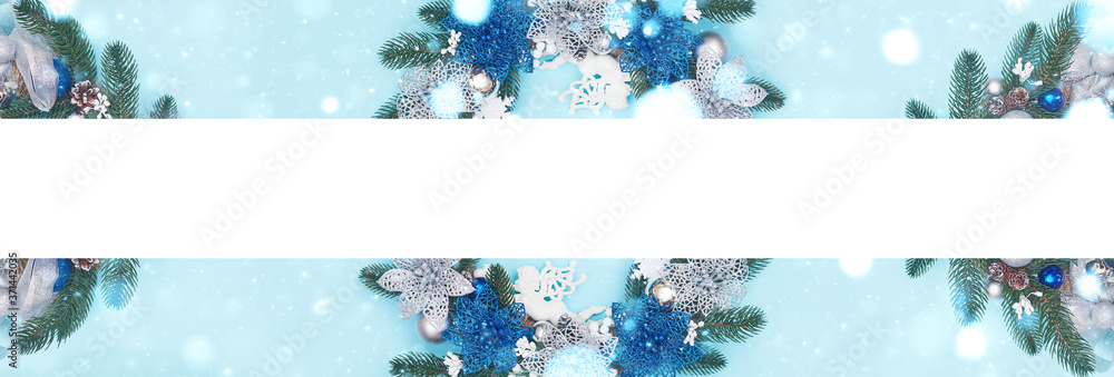 christmas wreath on a blue background, flatley, copyspace ,banner, footer, header