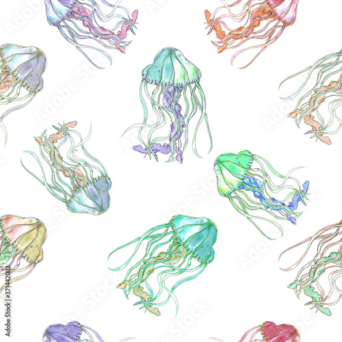 Watercolor hand drawn artistic colorful undersea ocean life seamless color pattern