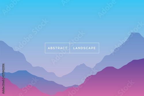 Abstract gradient background landscape. Vector illustration of beautiful sunrise mountain terrain. Modern cover template in lite blue and pink colors. 