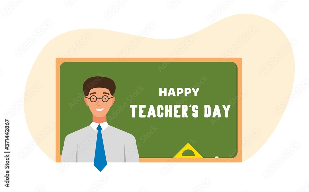 Happy Teacher Day. Smiling teacher in glasses stands in front of a chalkboard with a greeting text on it. Vector illustration. Happy Teacher Day. Smiling teacher in glasses stands in front of a chalkboard with a greeting text on it. Vector illustration.