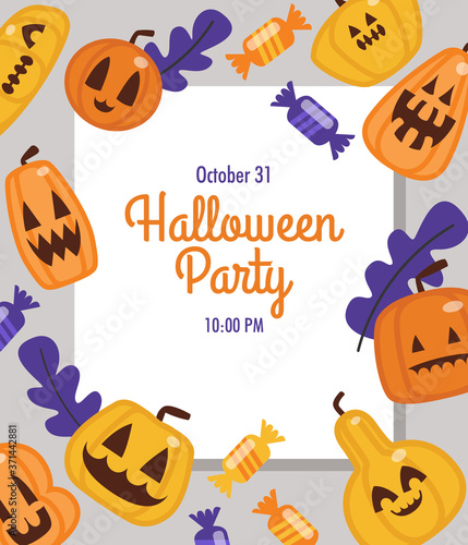 Invitation card, banner or poster for halloween party with pumpkins and candies