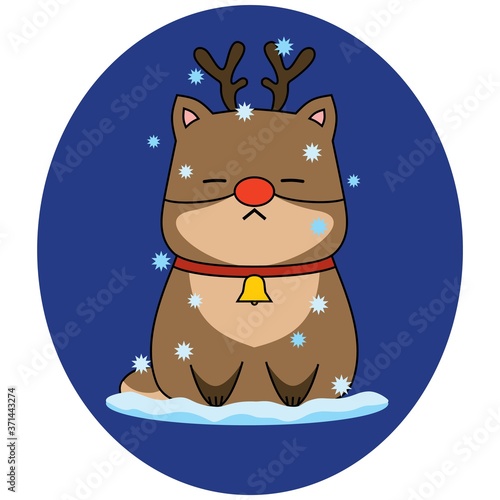 Christmas reindeer vector illustration. A cat with antlers and a bell.