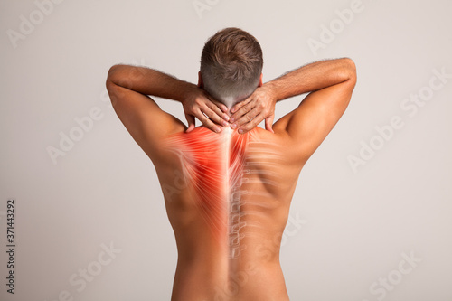 Fotografia Mens back, neck pain muscle and bone, spine injury