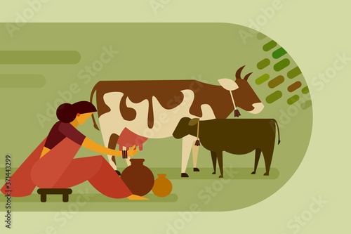 Illustration of a woman milking a cow while it's calf standing nearby.