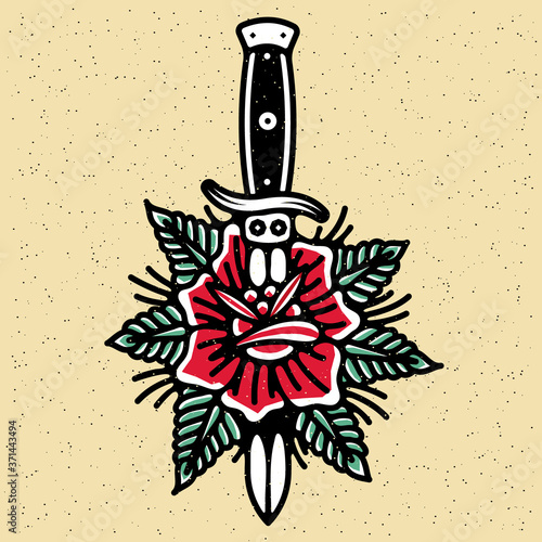Traditional tattoo flash rose with knife. Vector illustration on grunge texture background