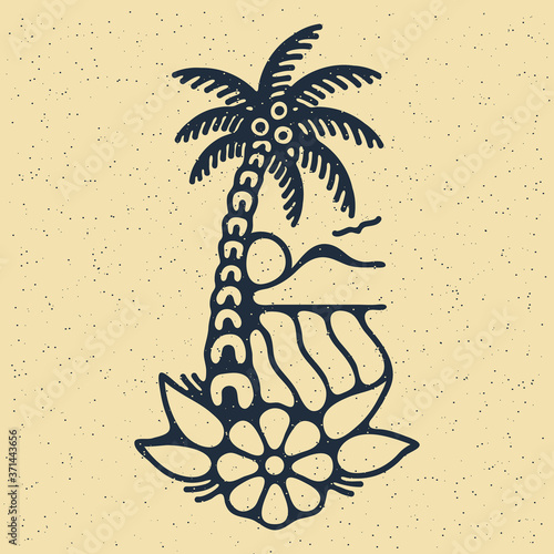 Traditional tattoo flash palm with island, sea, sun and flower. Vector illustration on grunge texture background