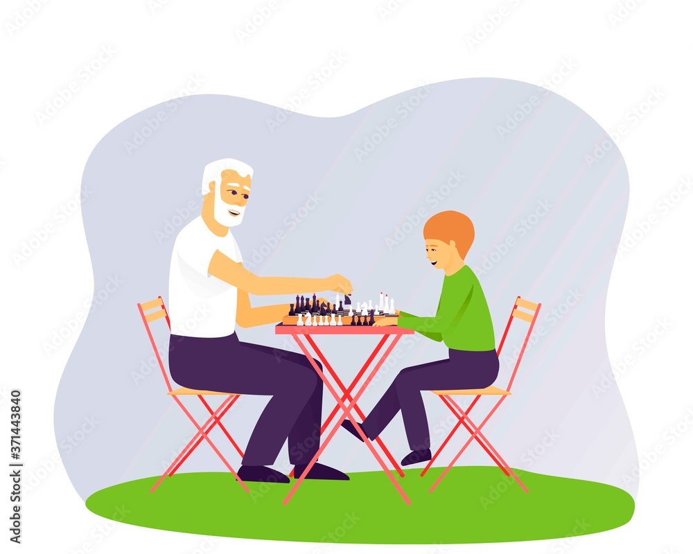 Grandfather and grandson are playing chess. Leisure for people of different ages. Board game for two people. Chess stands on a chessboard. Flat vector illustration.