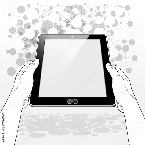 A Tablet PC horizontally held in both hands. Presented with a blank screen set against grid pattern of connected circles representing a global linked network.