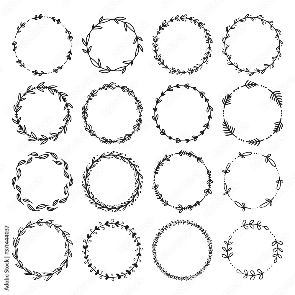 Set of hand drawn floral wreaths. Round frames. Good for invitation, greeting cards, quotes, wedding design. Vector illustration isolated on white background. Set of hand drawn floral wreaths. Round frames. Good for invitation, greeting cards, quotes, wedding design. Vector illustration isolated on white background.