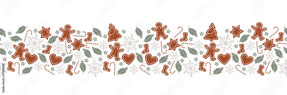 Christmas vector border print on transparent background, seamless pattern. Repetitive surface print design for embellishing cards, posters, labels, fabrics, stationery and packaging.
