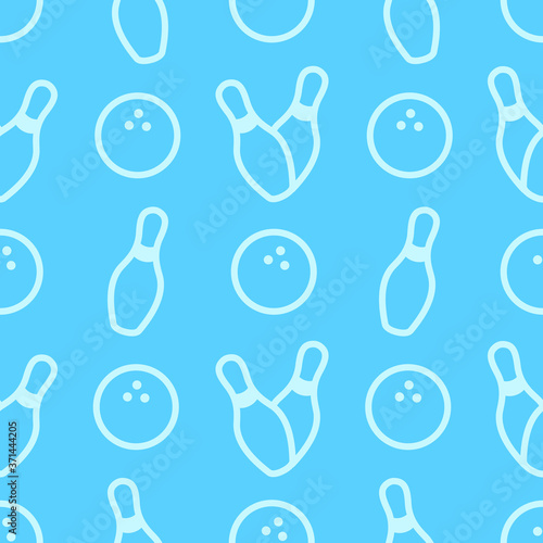 Seamless bowling vector pattern. Sport background. Bowling club, tournaments. Sport icon. Backdrop skittles with ball. Bowling pins with ball icon. Bowling game. Wrapping paper.