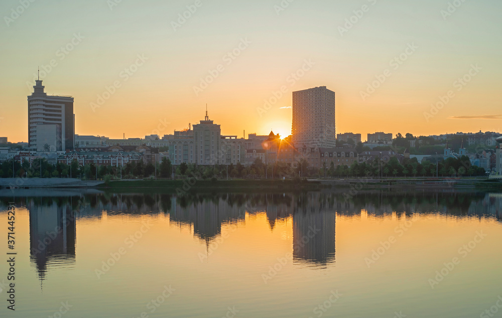 Dawn on Lake Kaban in Kazan. City panorama 