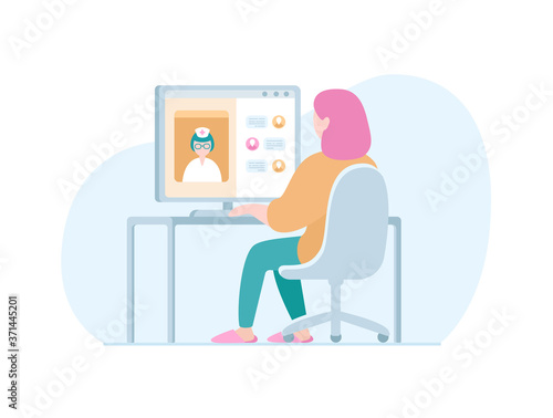 Online medical consultation, online doctor concept. Woman sitting at the computer table at home. Vector flat illustration for web and print with empty space for text and design.