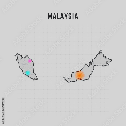 Map of Malaysia with all states and radar spot on map. Each city has separately for your design. Vector Illustration