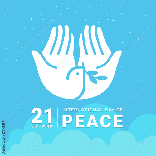 international day of peace - white hand making the form of dove hold leaf sign on sky vector design