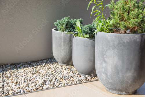 Moderne Garten und Terrassengestaltung: Graue Pflanzkübel aus Fiberglas und Stein mit Kräutern, Kiefern und Zierhölzern bepflanzt und auf Kies und Natursteinpflaster stehend vor einer Balkon 