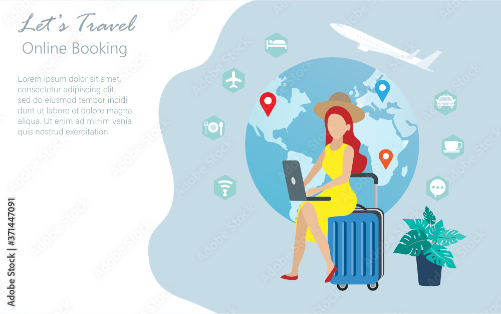Young woman sitting on luggage scheduling her vacation trip by remote online booking flight ticket, hotel, taxi and restaurant. Idea for online traveling service technology
