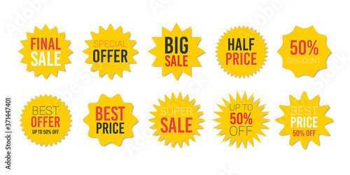 Yellow sale starburst sticker set - star edge round labels and badges with best offer and discount signs.