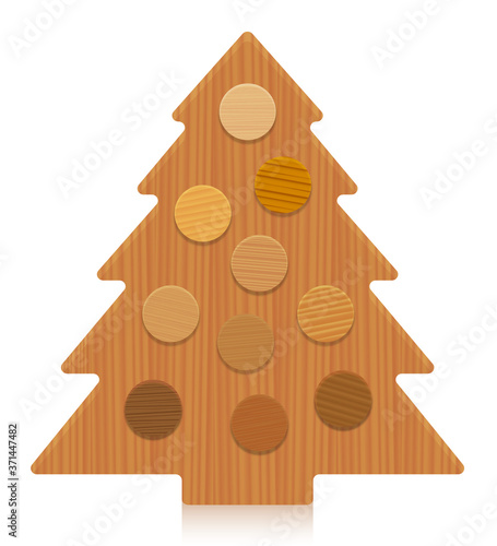 Wooden Christmas tree with wood samples as christmas balls, different colors and textures from various trees - rustic carpentry timber decor model. Isolated vector illustration on white background.
