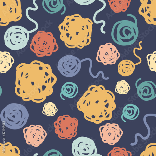 Seamless colorful vector pattern of hand drawn circle doodles of balls of thread