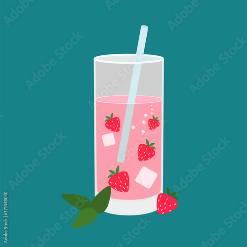 A glass with a strawberry smoothie and a cocktail tube is next to mint and strawberries