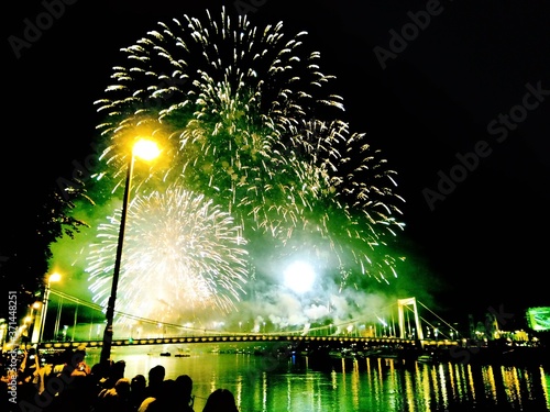 A group of fireworks in the sky in Budapest
