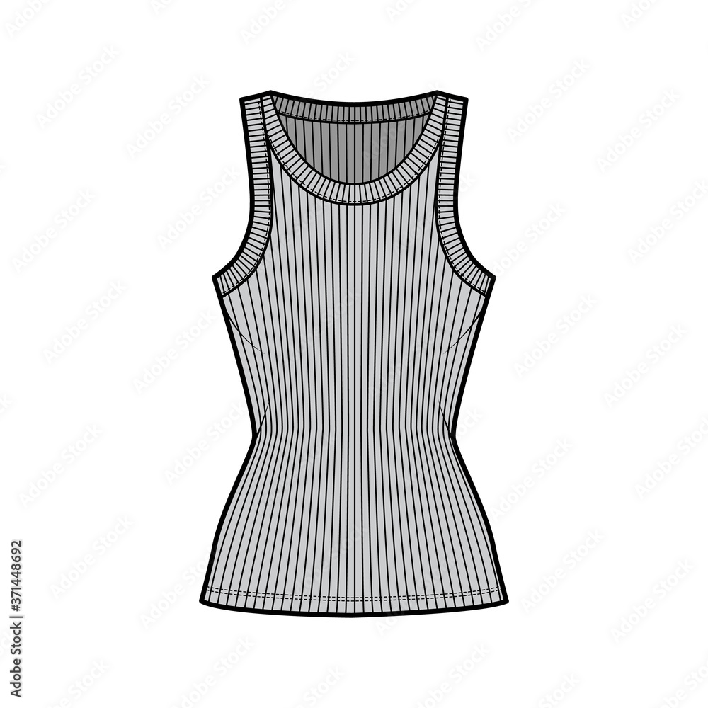 Ribbed cotton-jersey tank technical fashion illustration with wide scoop neck, fitted knit body, tunic length. Flat outwear camisole apparel template front grey color. Women men unisex shirt top CAD Ribbed cotton-jersey tank technical fashion illustration with wide scoop neck, fitted knit body, tunic length. Flat outwear camisole apparel template front grey color. Women men unisex shirt top CAD