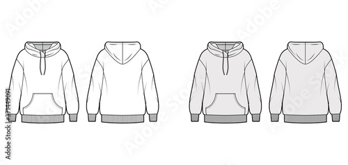 Oversized cotton-fleece hoodie technical fashion illustration with pocket, relaxed fit, long sleeves. Flat jumper apparel template front, back, white, grey color. Women, men, unisex sweatshirt top CAD