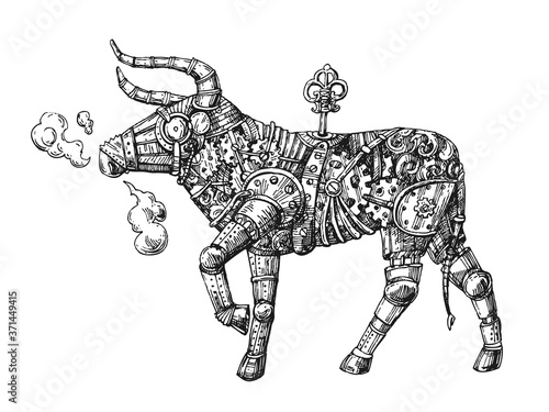 Mechanical bull. Hand drawn vector steampunk animal