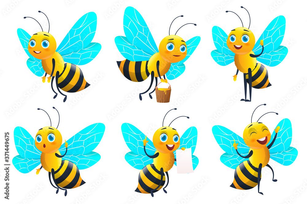 Fototapeta premium Cartoon bee character set and bee with honey