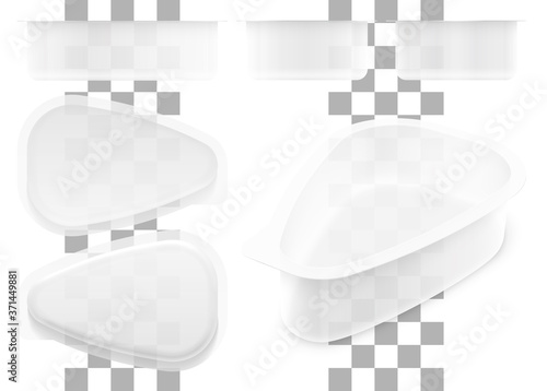 Vector drop shape transparent plastic container for cottage cheese, jelly, sour cream or yoghurt. Packaging mockup illustration.