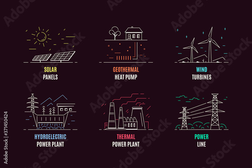 Set of energy types logo templates, flat style icon design.