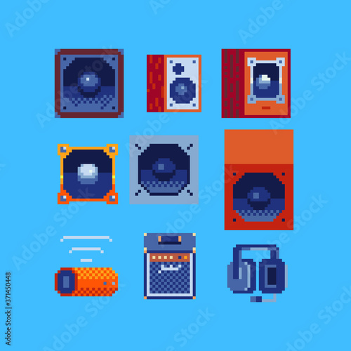 Technology audio speakers. Wooden subwoofer icon. Audio headphones. Music application icons set. Speaker portable and stereo sound. Pixel art. 8-bit sprite. Isolated vector illustration. Game assets. 