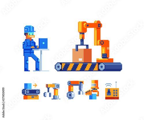 Technology factory. Working man using a computer manages robotiс machine. Intelligent factory. Pixel art isolated vector illustration.
