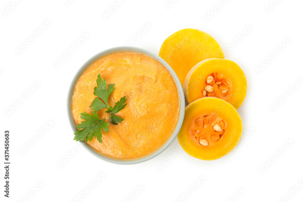 Plate of pumpkin puree and butternut slices isolated on white background Plate of pumpkin puree and butternut slices isolated on white background