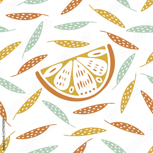 Seamless color stamp pattern with fruits lemon foliage on white background. Great for fabric, textile, wrapping paper. 