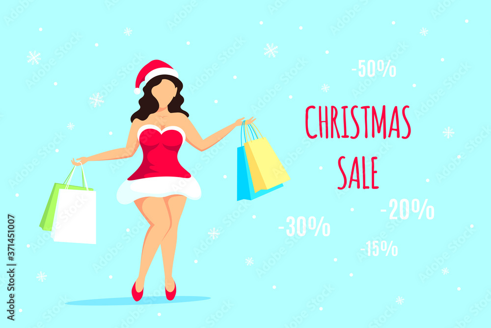 Santa girl with shopping bags in hands. Santa girl with shopping bags in hands.