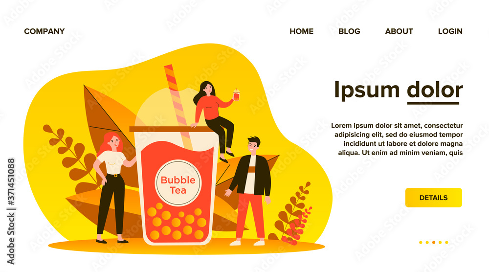 People with plastic cup of bubble milk tea. Happy tiny girls and guy drinking pink fruit boba beverage. Vector illustration for refreshment, summer, Asian fresh bar concept