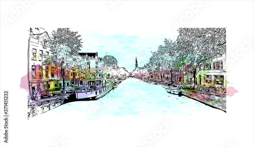 Building view with landmark of Amsterdam is the Netherlands’ capital, known for its artistic heritage. Watercolor splash with hand drawn sketch illustration in vector.