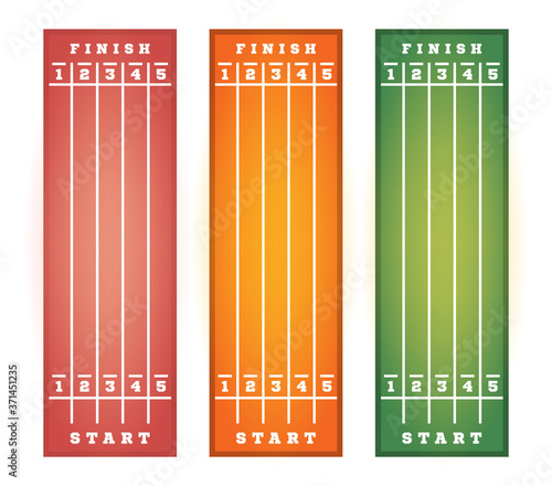 View from above set on the treadmill. Start, finish on the track for running in the stadium. Vector illustration