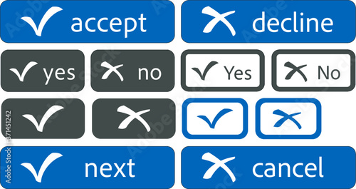 Vector set of application interface buttons. Accept, decline, yes, no. Software graphic elements