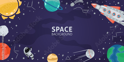 Space horizontal background with rocket, planets, cosmonaut and copy space for your text in cartoon style. Concept banner with the solar system for your design. Vector llustration