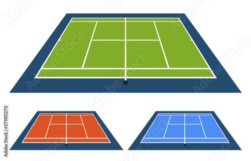 Vector Illustration set Of Tennis Court with different surface From The Side Top View.