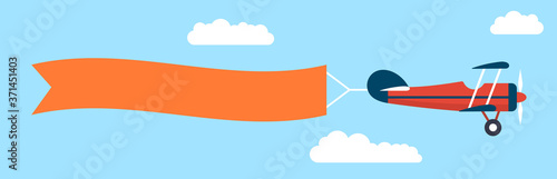 Plane with banner in flat style. Biplane flying with poster. Vector