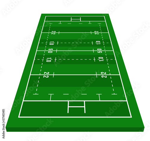 Perspective green rugby field. View from front. Rugby field with line template. Vector illustration stadium.
