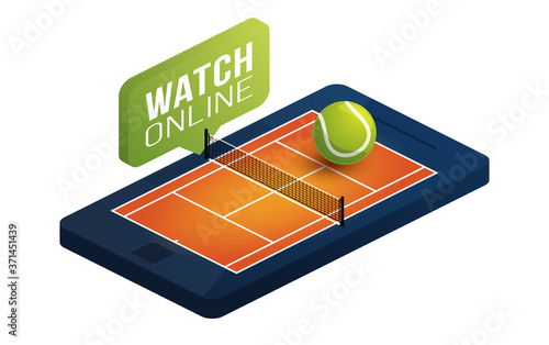 Tennis clay court on phone screen online concept vector flat isometric illustration. Online tennis flat isometric vector concept.