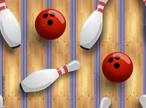 Seamless vector bowling pattern. Bowling track, ball, skittles on the floor.